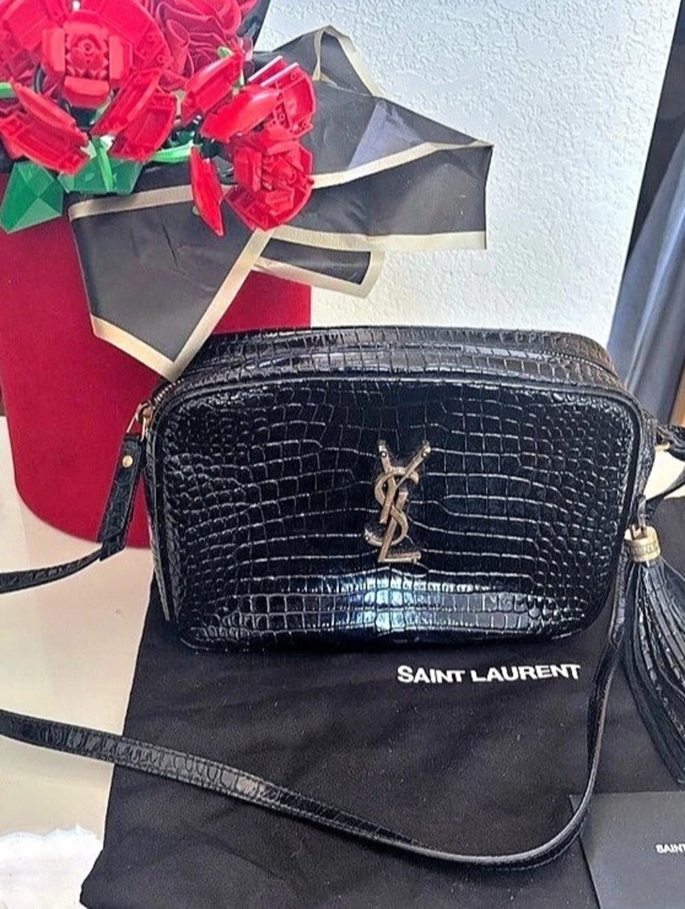 Saint Laurent Lou Camera Bag in Crocodile Embossed Leather Black Crossbody Bag